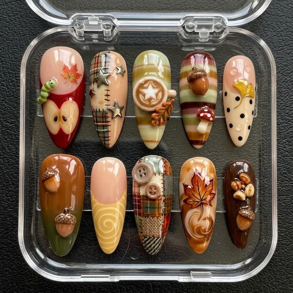 3D Autumn Apple, Coffee, Acorn and Mushroom Patchwork Press On Nails