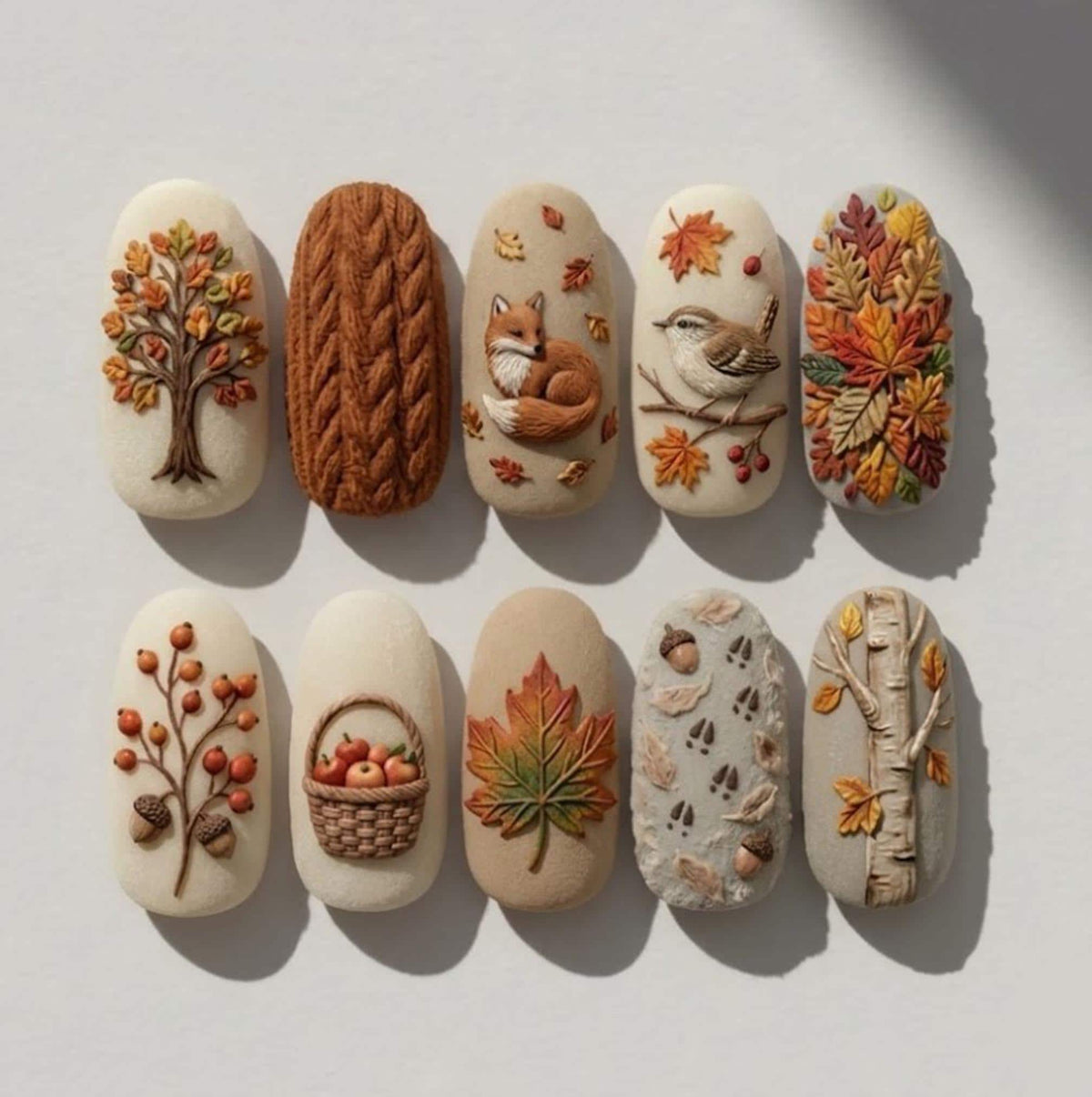 3D Autumn Forest Press-On Nails With Fox, Bird, Leaves, and Cable-Knit Details