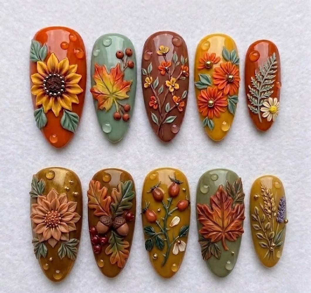 3D Autumn Harvest Nails With Sunflowers, Maple Leaves, Acorns & Berries