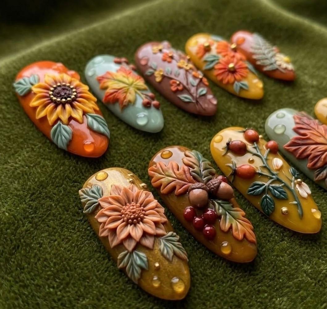 3D Autumn Harvest Nails With Sunflowers, Maple Leaves, Acorns & Berries