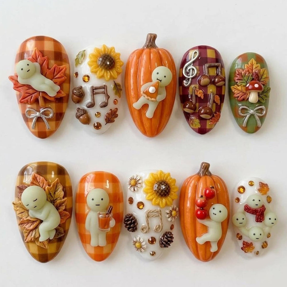3D Autumn Harvest Press-On Nails With Pumpkins, Plaid, Sunflowers and Cute Characters