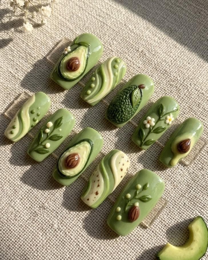 3D Avocado Press-On Nails with Green Swirls, Brown Pits, and Floral Sprigs