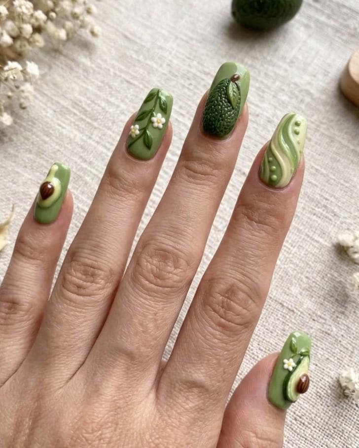 3D Avocado Press-On Nails with Green Swirls, Brown Pits, and Floral Sprigs