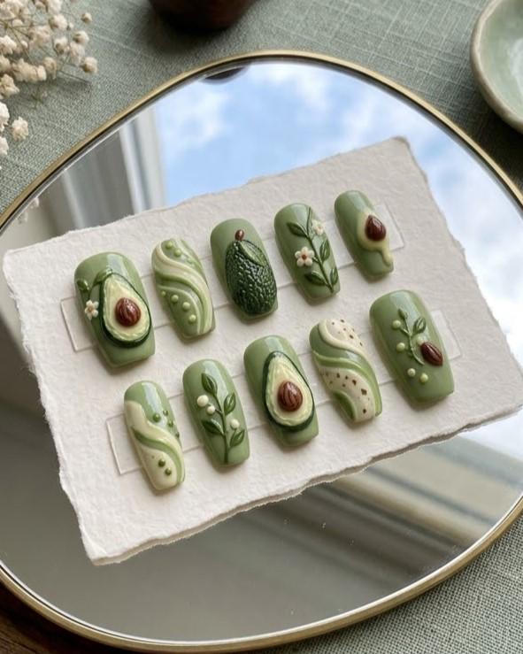 3D Avocado Press-On Nails with Green Swirls, Brown Pits, and Floral Sprigs