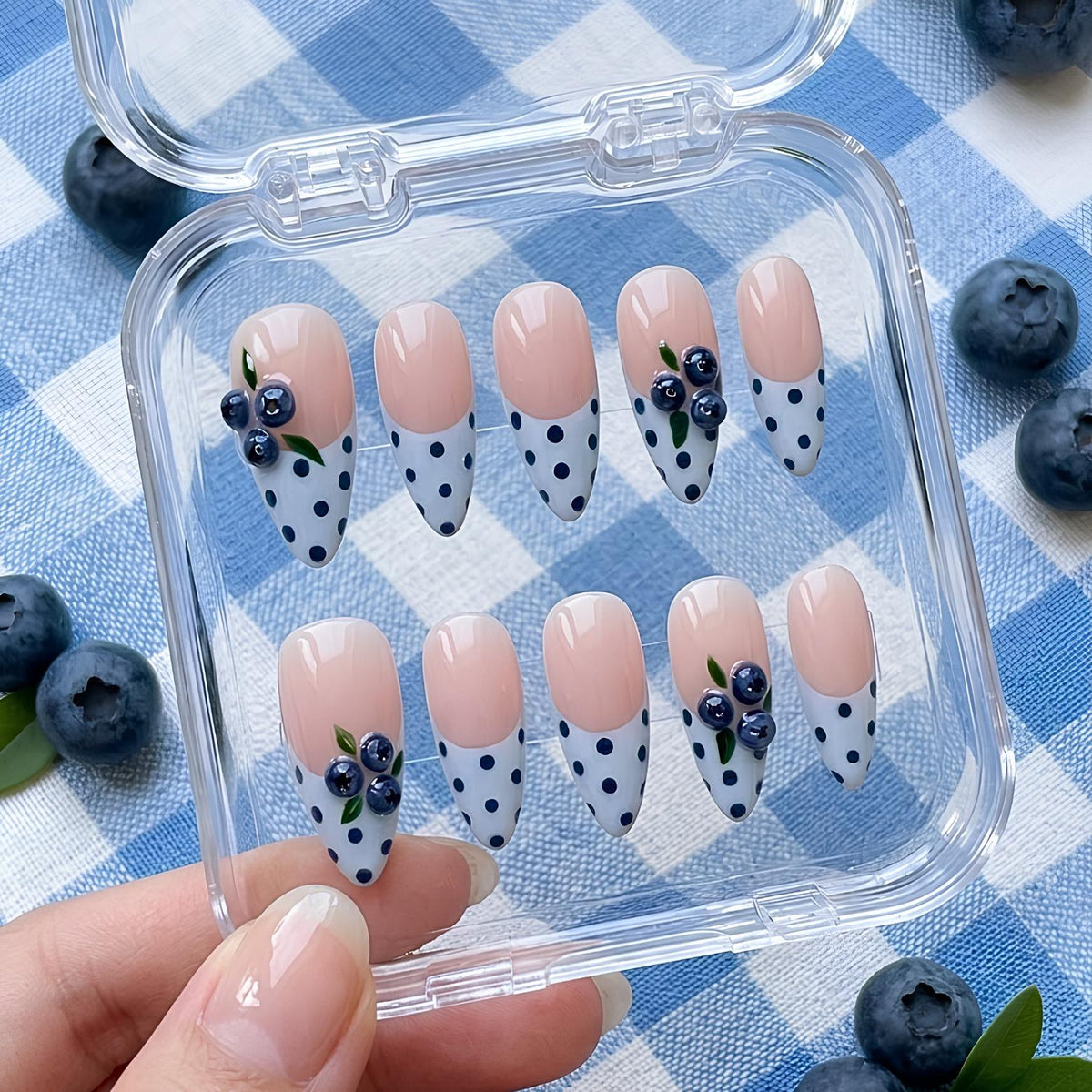 3D Blueberry Cluster Press On Nails With Navy Polka Dot French Tips