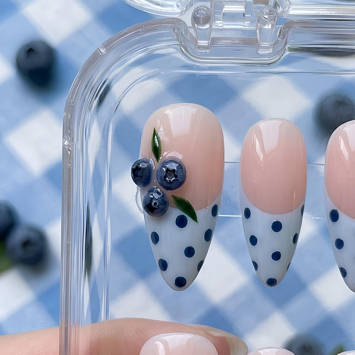 3D Blueberry Cluster Press On Nails With Navy Polka Dot French Tips