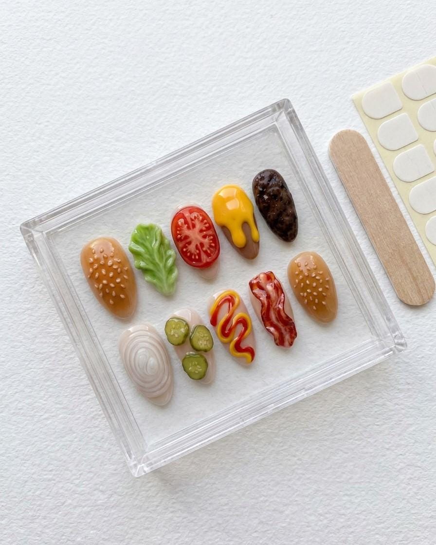3D Burger Ingredient Press-On Nails with Glossy Sculpted Food Details