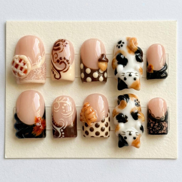 3D Calico Cat Autumn Bakery Press-On Nails With Pie, Croissant, and Lace Details
