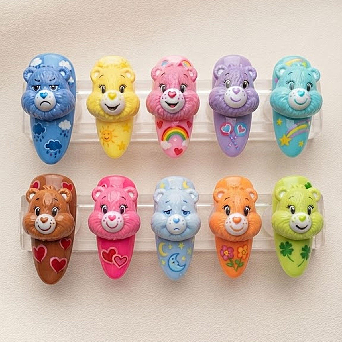 3D Cartoon Bear Nails With Bright Colors and Whimsical Accents