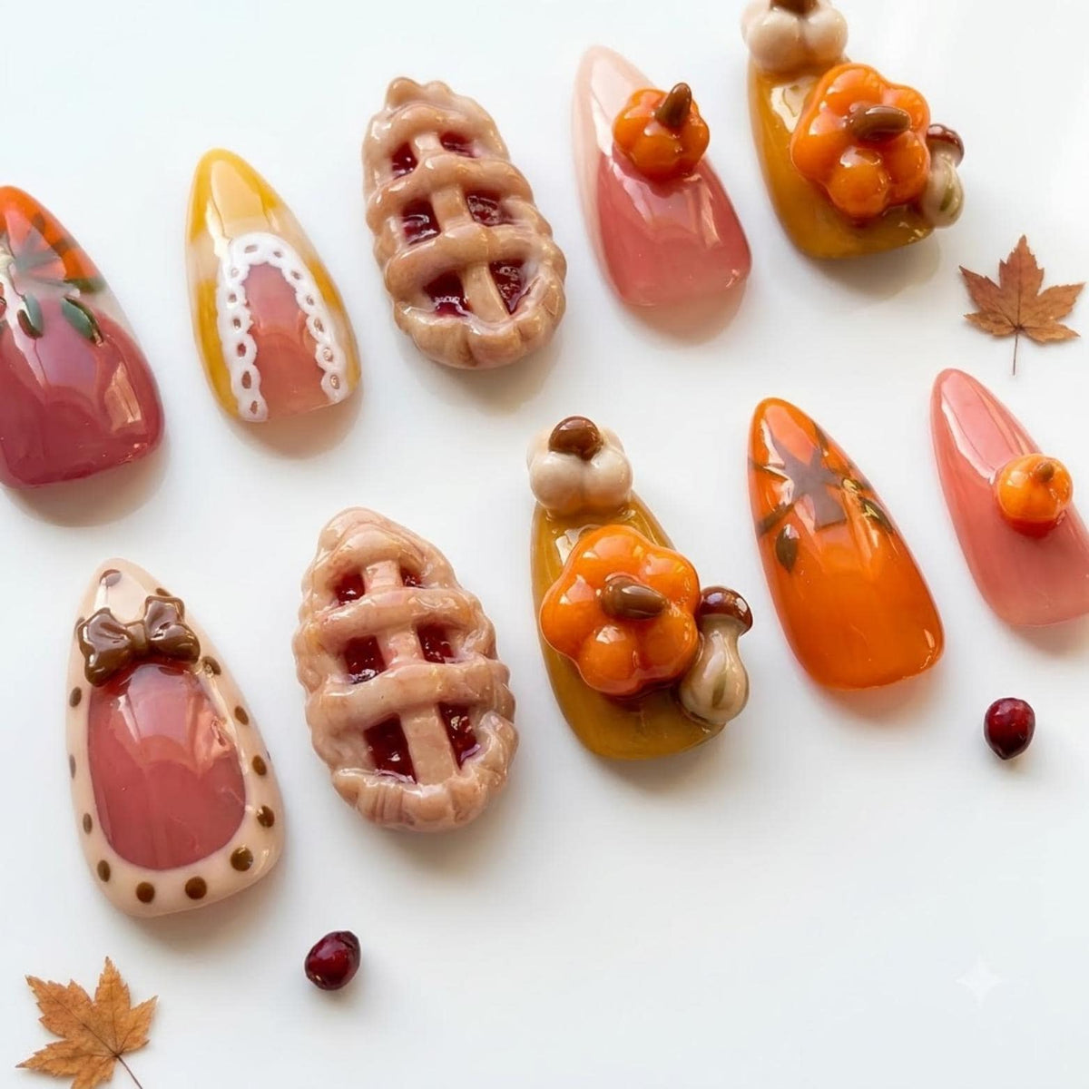 3D Cherry Pie and Woodland Mushroom Fall Press On Nails