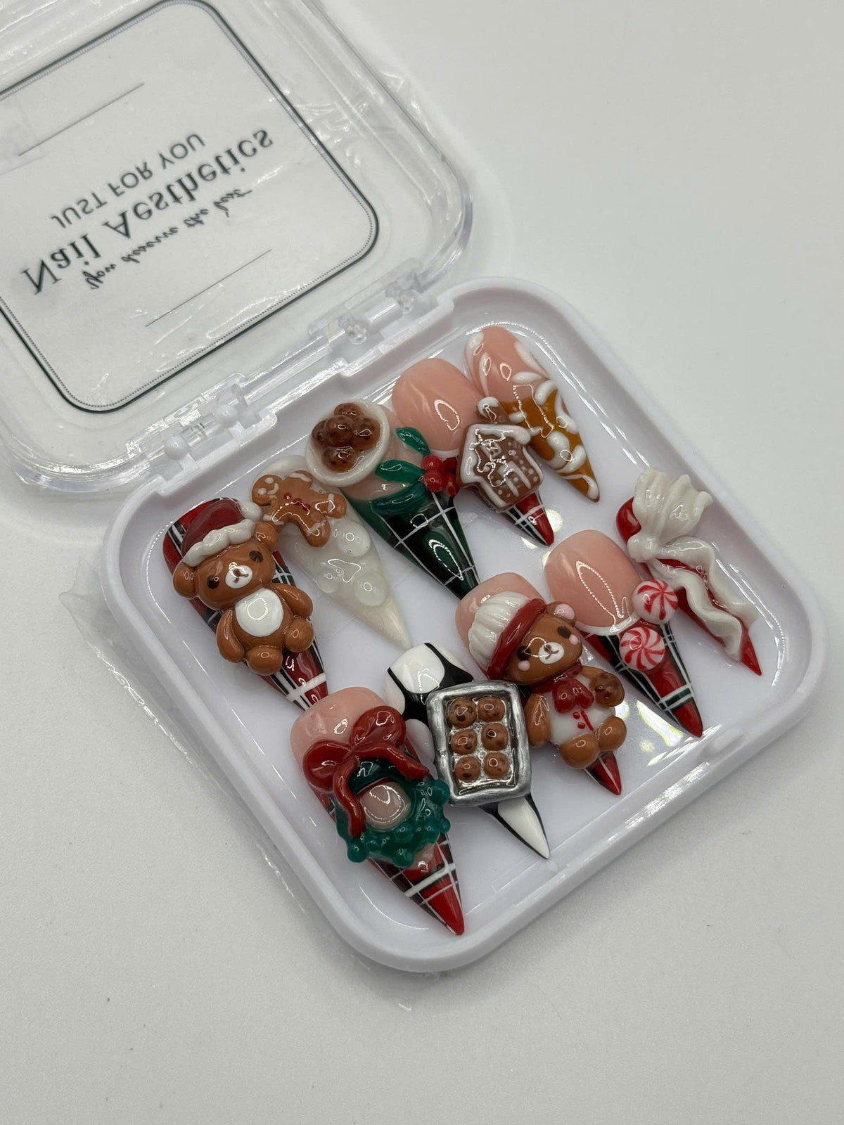 3D Christmas Bear and Gingerbread Press-On Nail Set