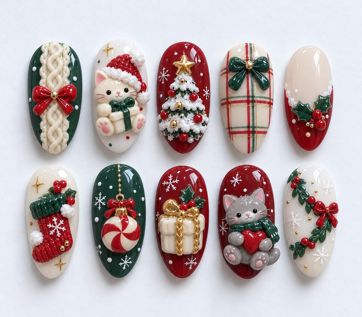 3D Christmas Cat Press-On Nail Set with Plaid, Snowy Trees and Holiday Charms