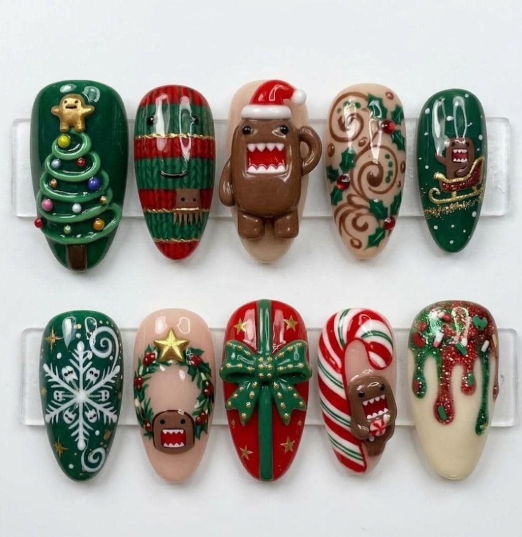 3D Christmas Domo Nails With Candy Canes, Decorated Trees, and Holiday Swirls