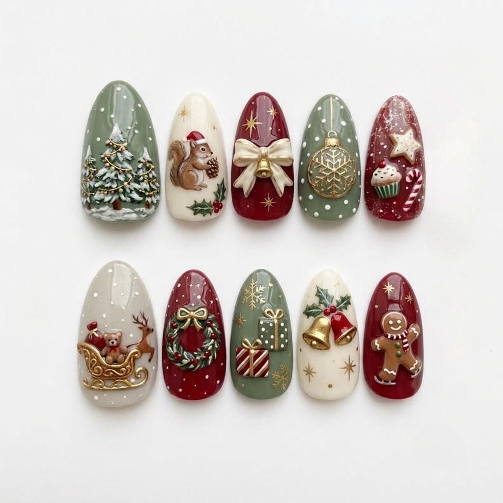 3D Christmas Nails with Squirrel, Gingerbread, Bows and Holiday Decorations