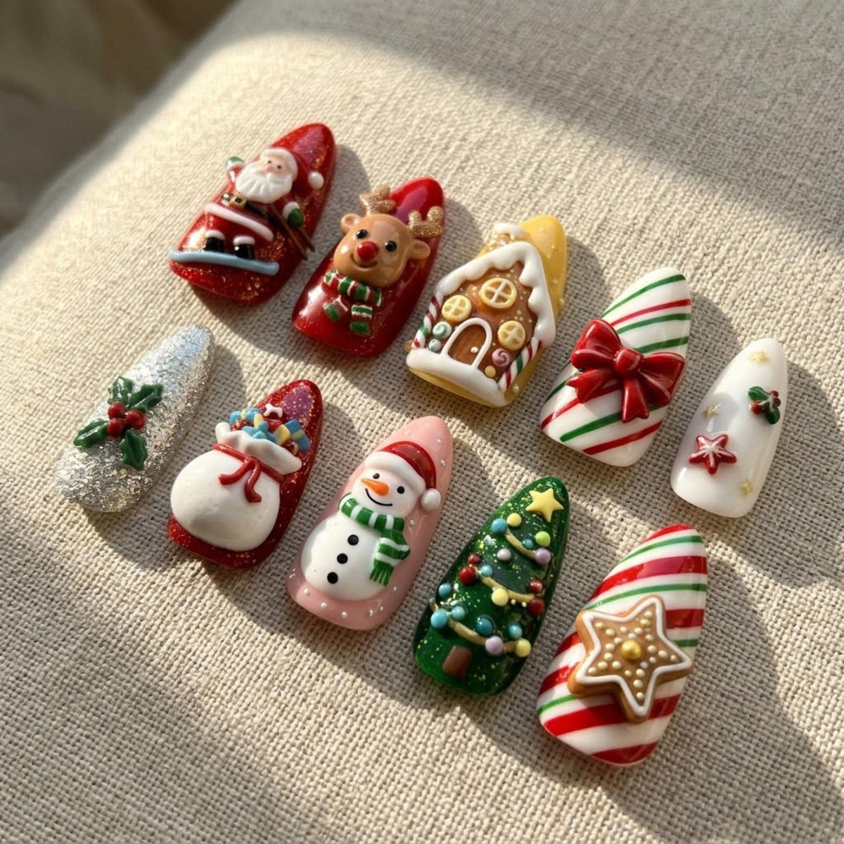 3D Christmas Press On Nail Set with Santa, Reindeer, Gingerbread House and Candy Cane Details