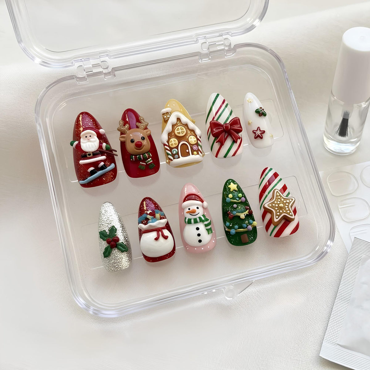3D Christmas Press On Nail Set with Santa, Reindeer, Gingerbread House and Candy Cane Details