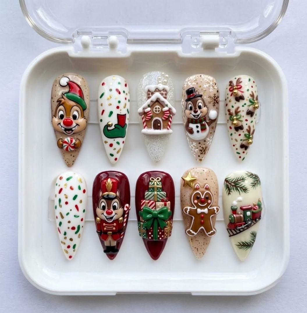 3D Christmas Press-On Nails With Gingerbread Houses, Nutcrackers and Holiday Characters