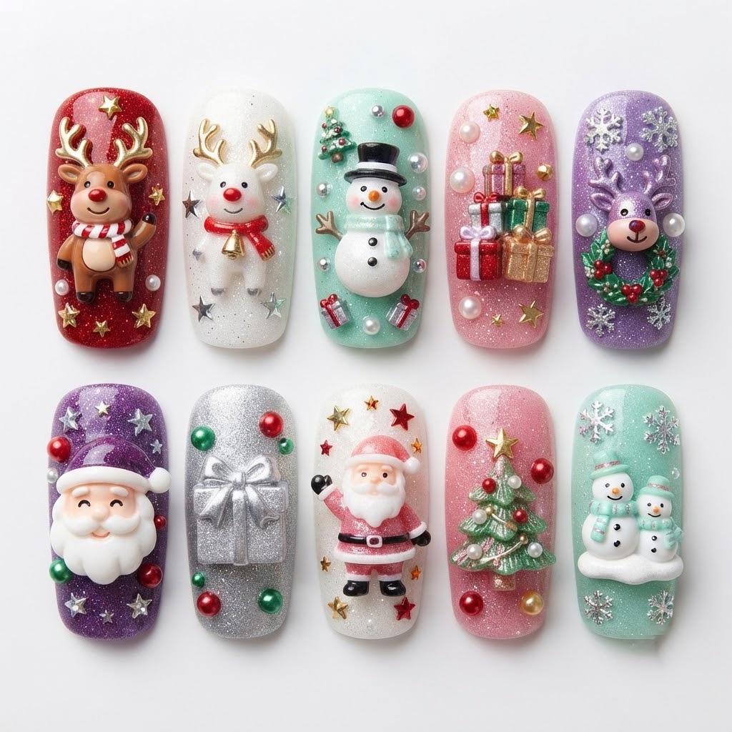 3D Christmas Press On Nails With Santa, Reindeer, Snowmen and Glitter