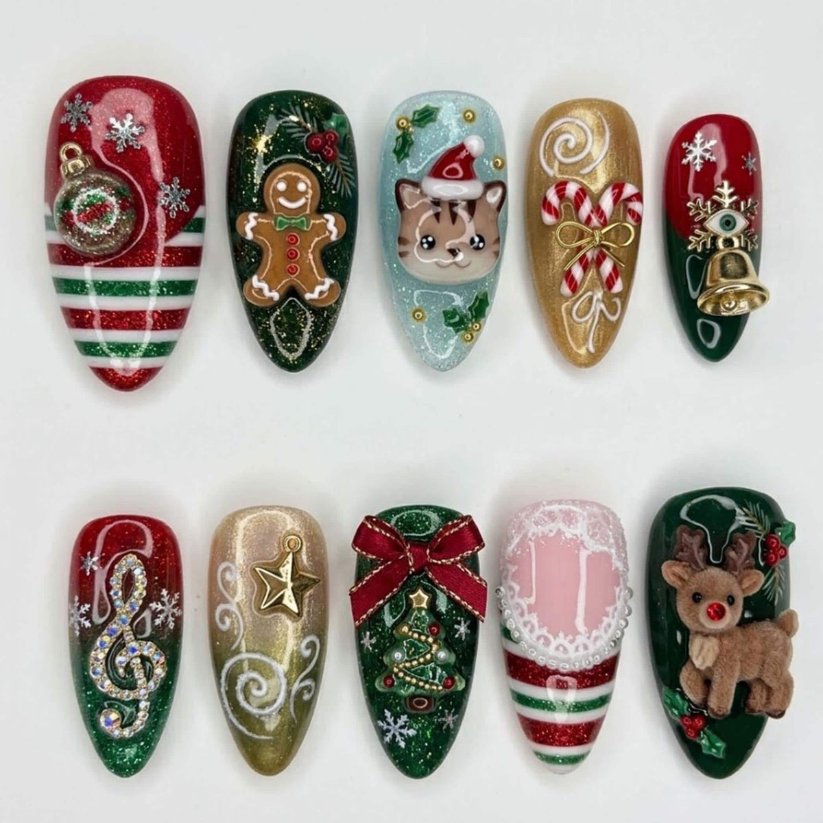 3D Christmas Reindeer and Gingerbread Press On Nails With Candy Cane Stripes