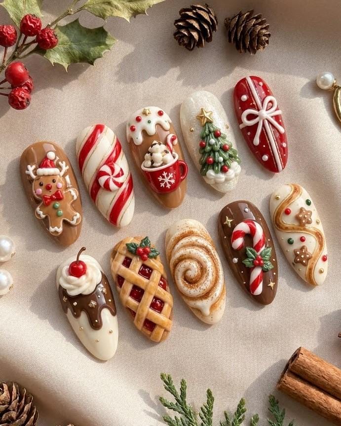 3D Christmas Sweets Press-On Nails with Gingerbread, Candy Canes, and Holiday Treats