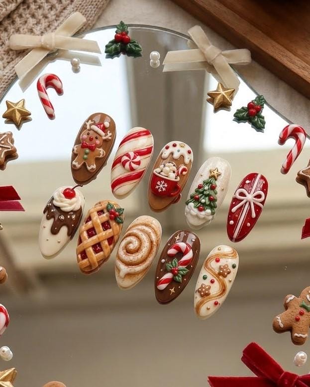 3D Christmas Sweets Press-On Nails with Gingerbread, Candy Canes, and Holiday Treats