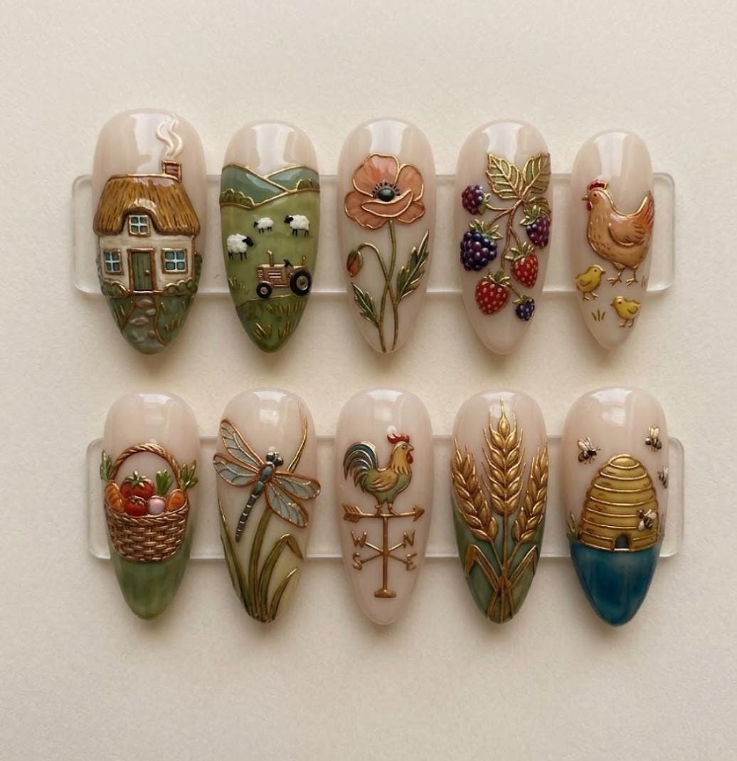3D Countryside Cottage and Harvest Press-On Nail Set