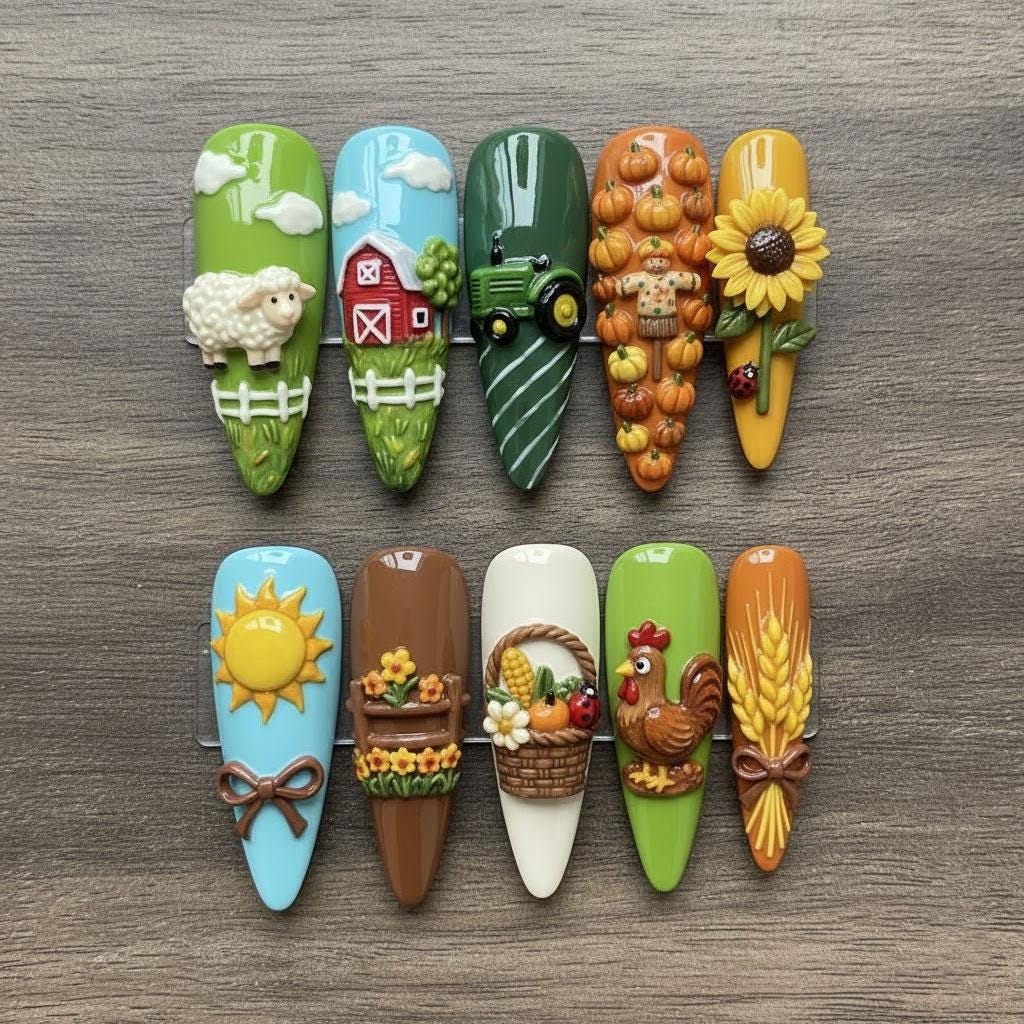3D Farm and Harvest Press-On Nail Set With Tractor, Pumpkins, Sunflower and Barn