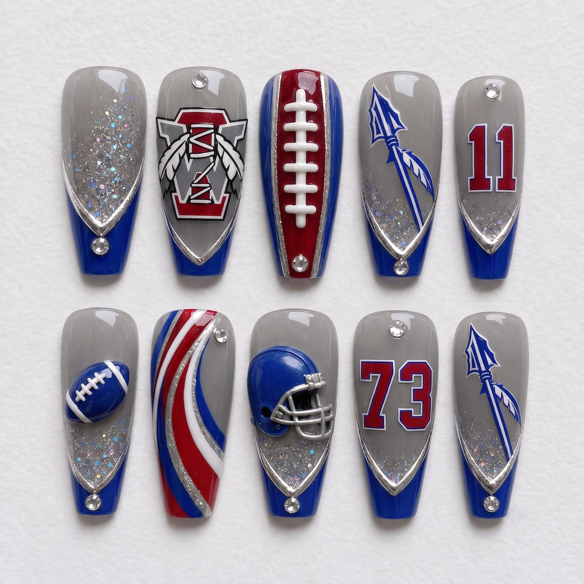 3D Football Game Day Nails With Gray Bases, Team Colors, Glitter and Rhinestones