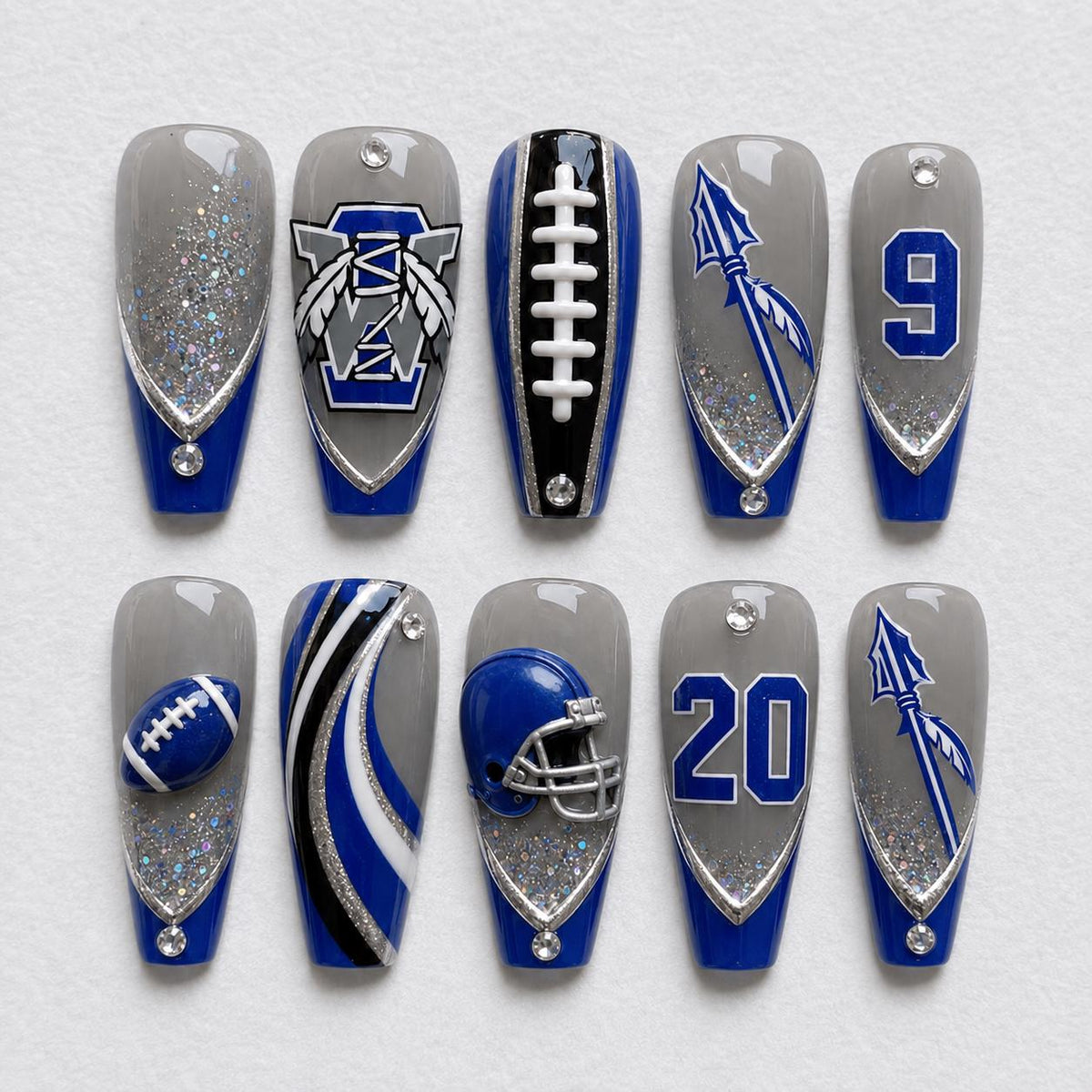3D Football Game Day Nails With Gray Bases, Team Colors, Glitter and Rhinestones