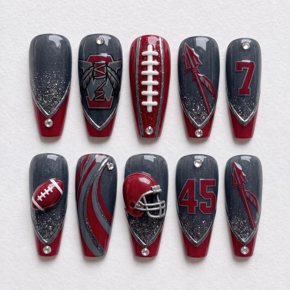3D Football Game Day Nails With Gray Bases, Team Colors, Glitter and Rhinestones