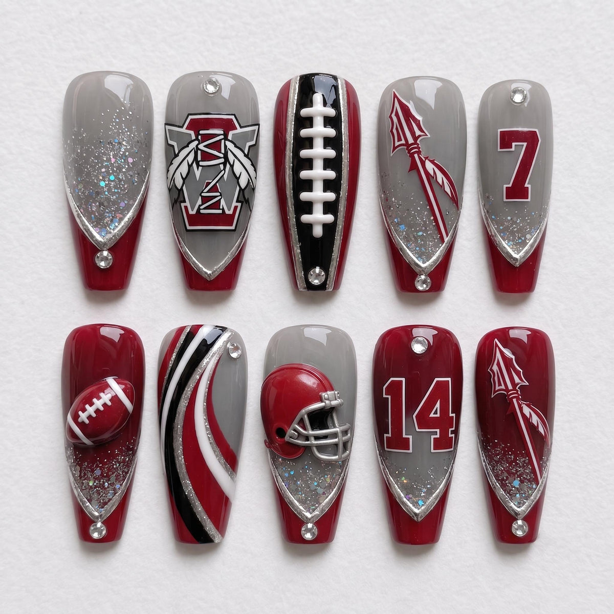 3D Football Game Day Nails With Gray Bases, Team Colors, Glitter and Rhinestones
