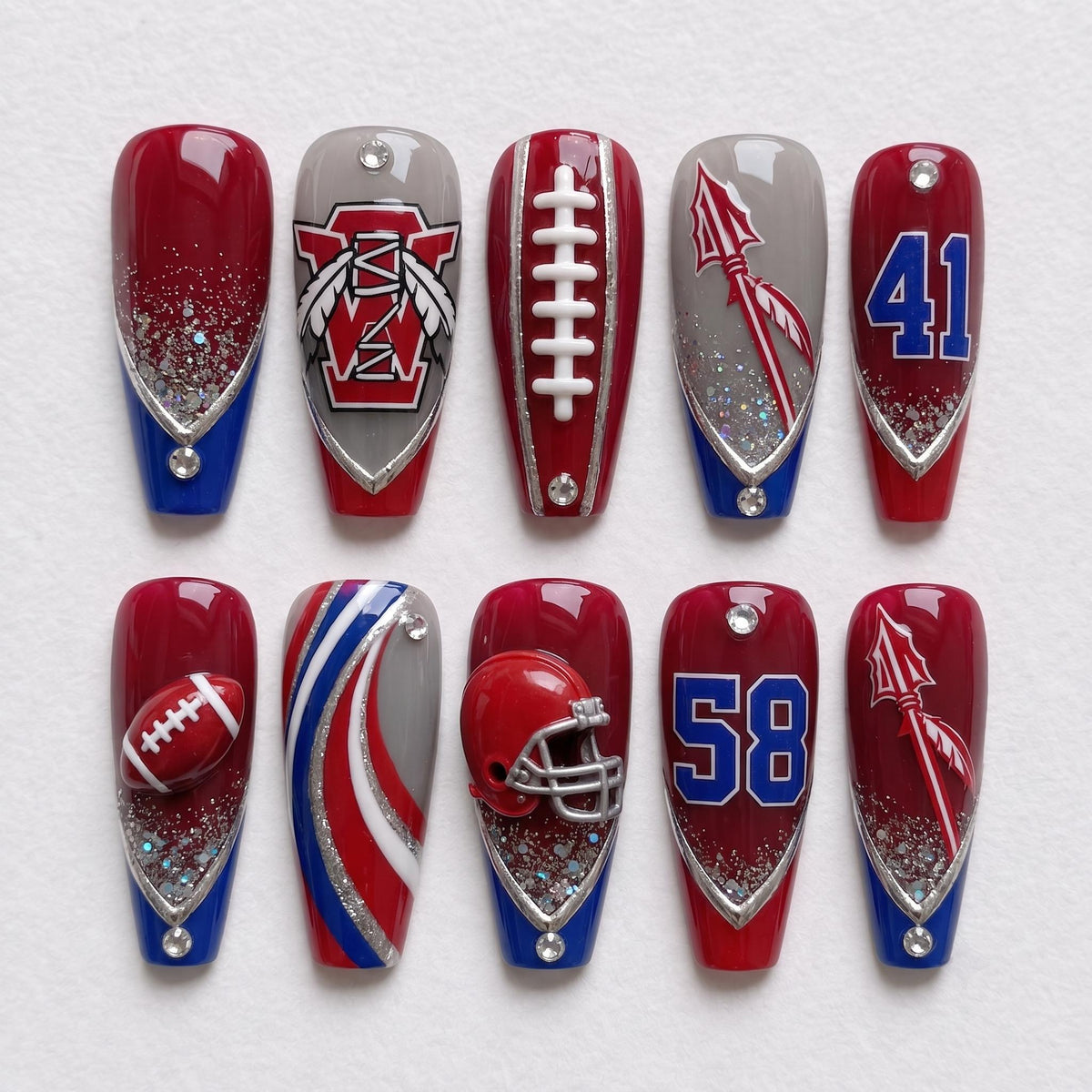 3D Football Game Day Nails With Gray Bases, Team Colors, Glitter and Rhinestones