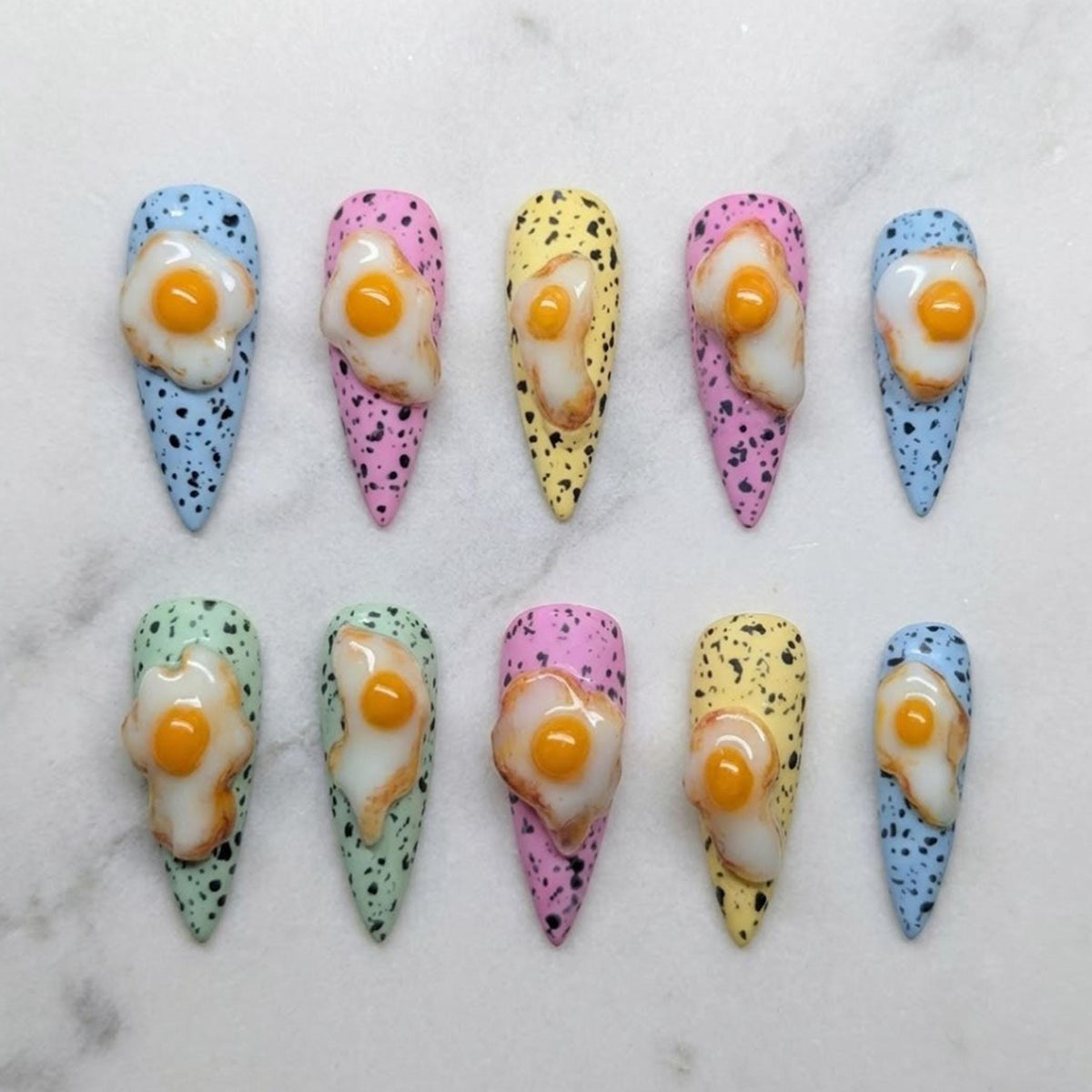 3D Fried Egg Press-On Nails in Speckled Pastel Colors