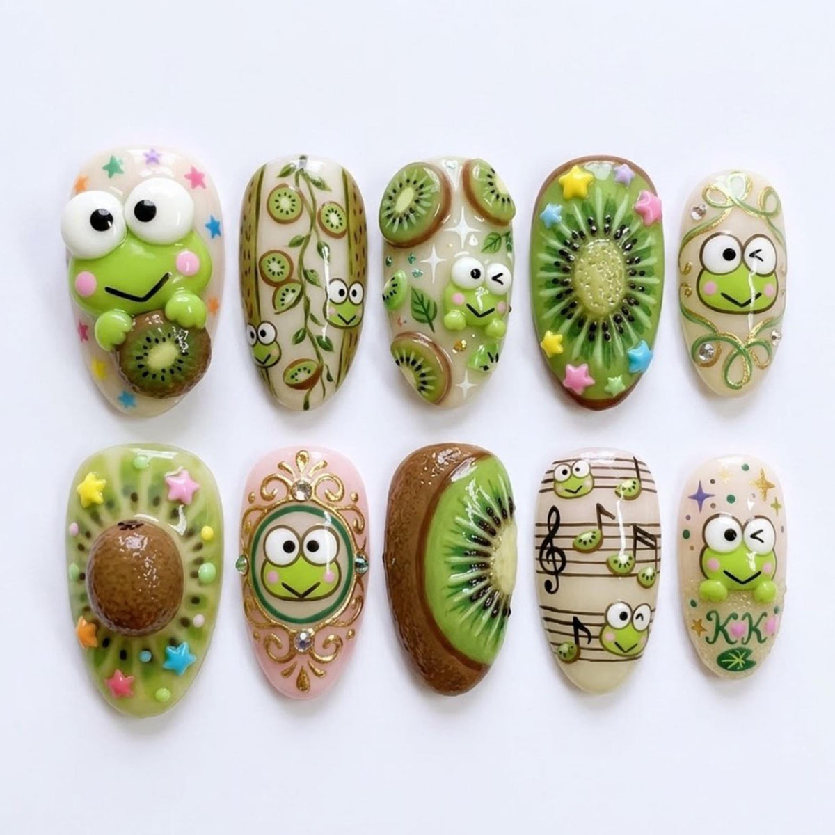 3D Frog and Kiwi Fruit Nail Set With Colorful Star Accents