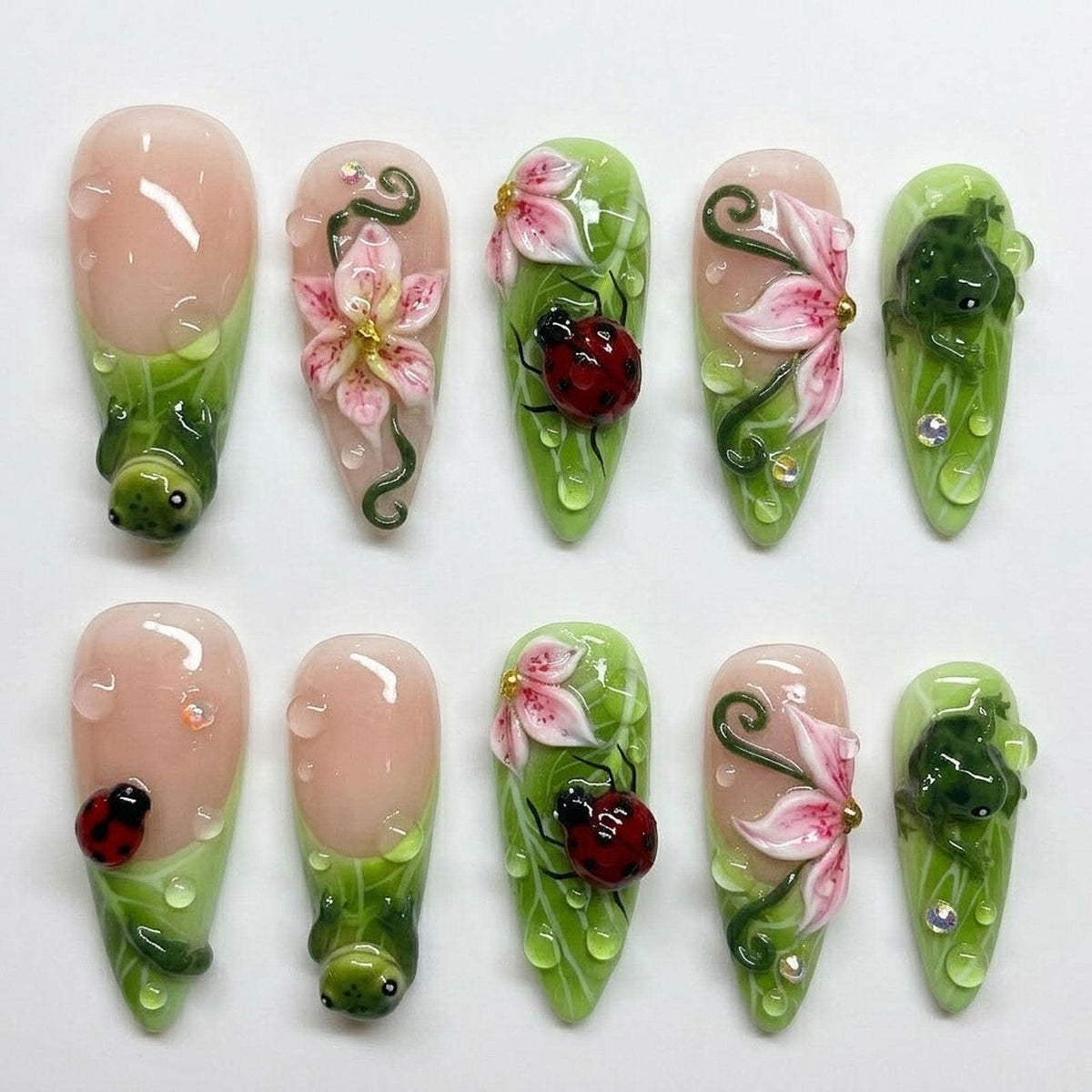 3D Frog and Ladybug Garden Nails With Pink Flowers and Green French Tips