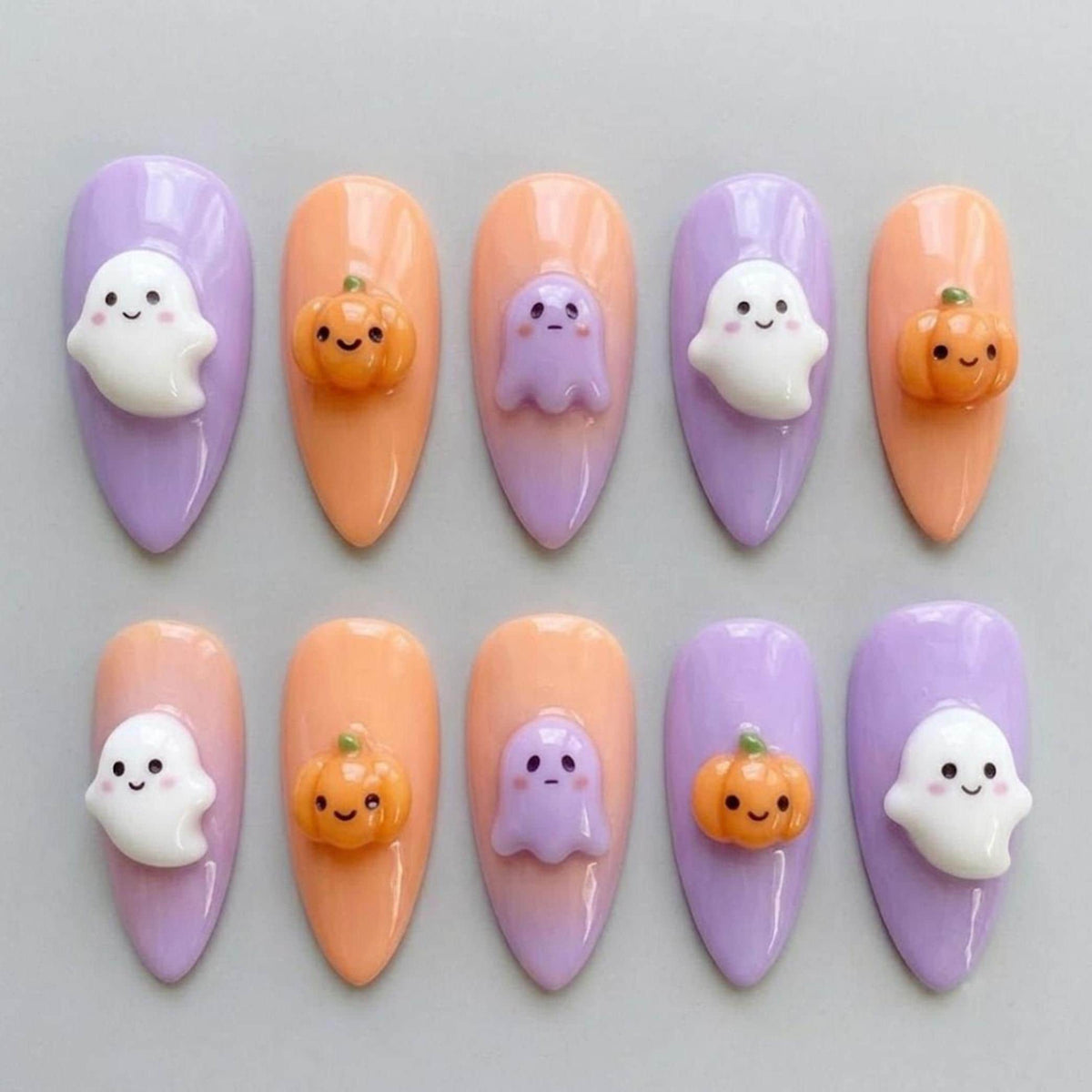 3D Ghost and Jack-o’-Lantern Halloween Press-On Nails in Lavender and Peach