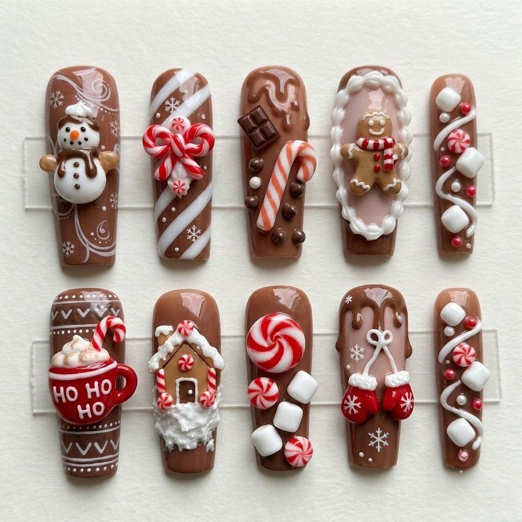 3D Gingerbread and Hot Cocoa Christmas Press On Nails
