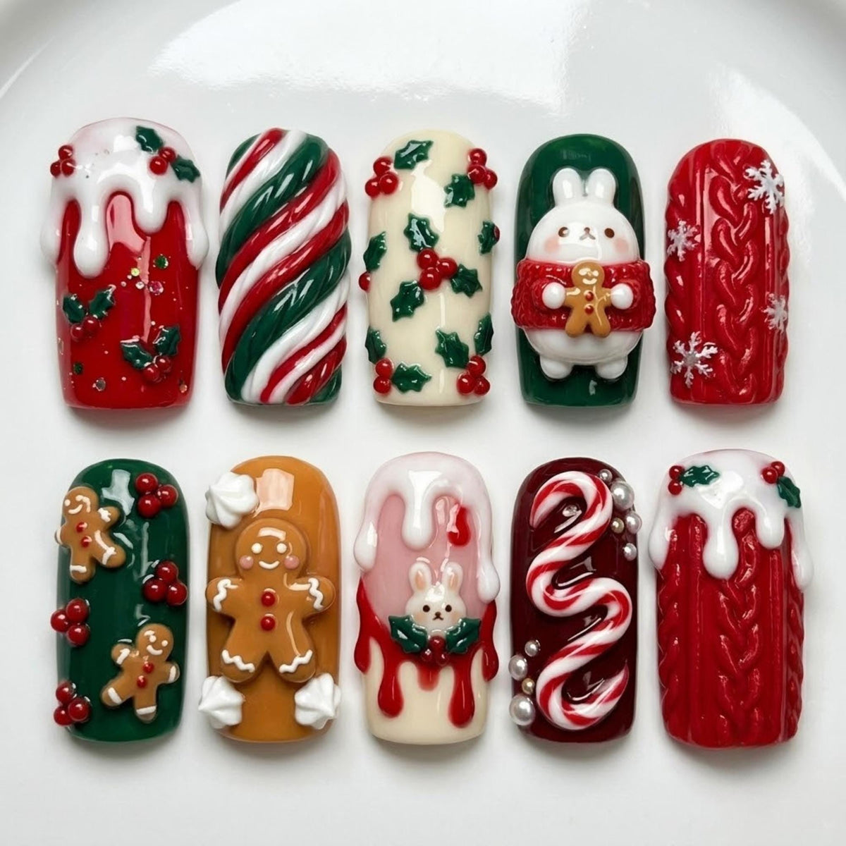 3D Gingerbread Bunny Christmas Nails With Candy Cane Stripes and Holly