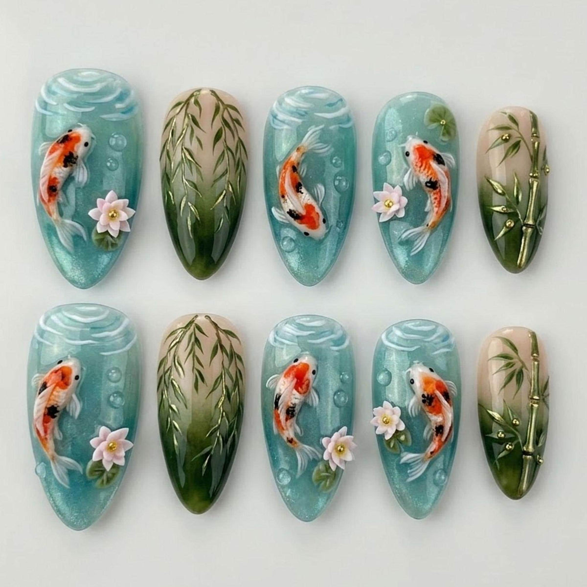 3D Koi Fish and Water Lily Pond Nail Set in Aqua, Teal, and Green