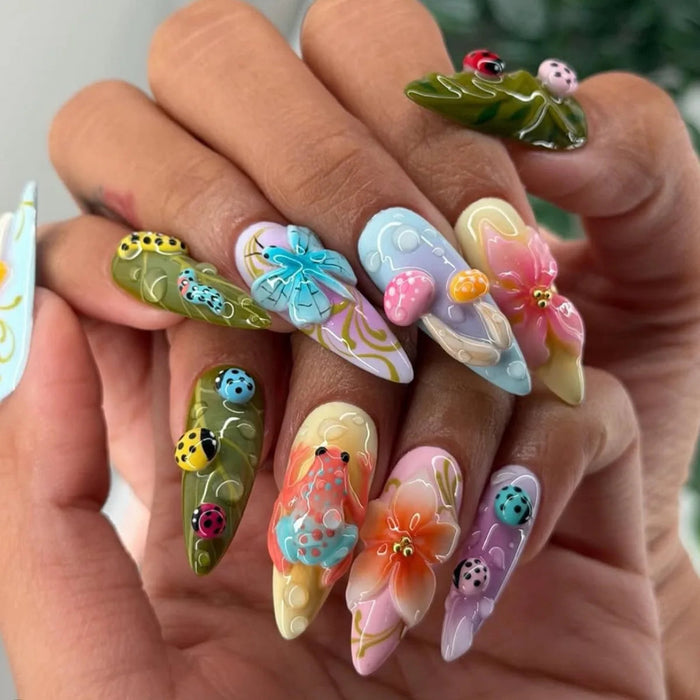 3D Ladybug and Garden Flower Press On Nail Set