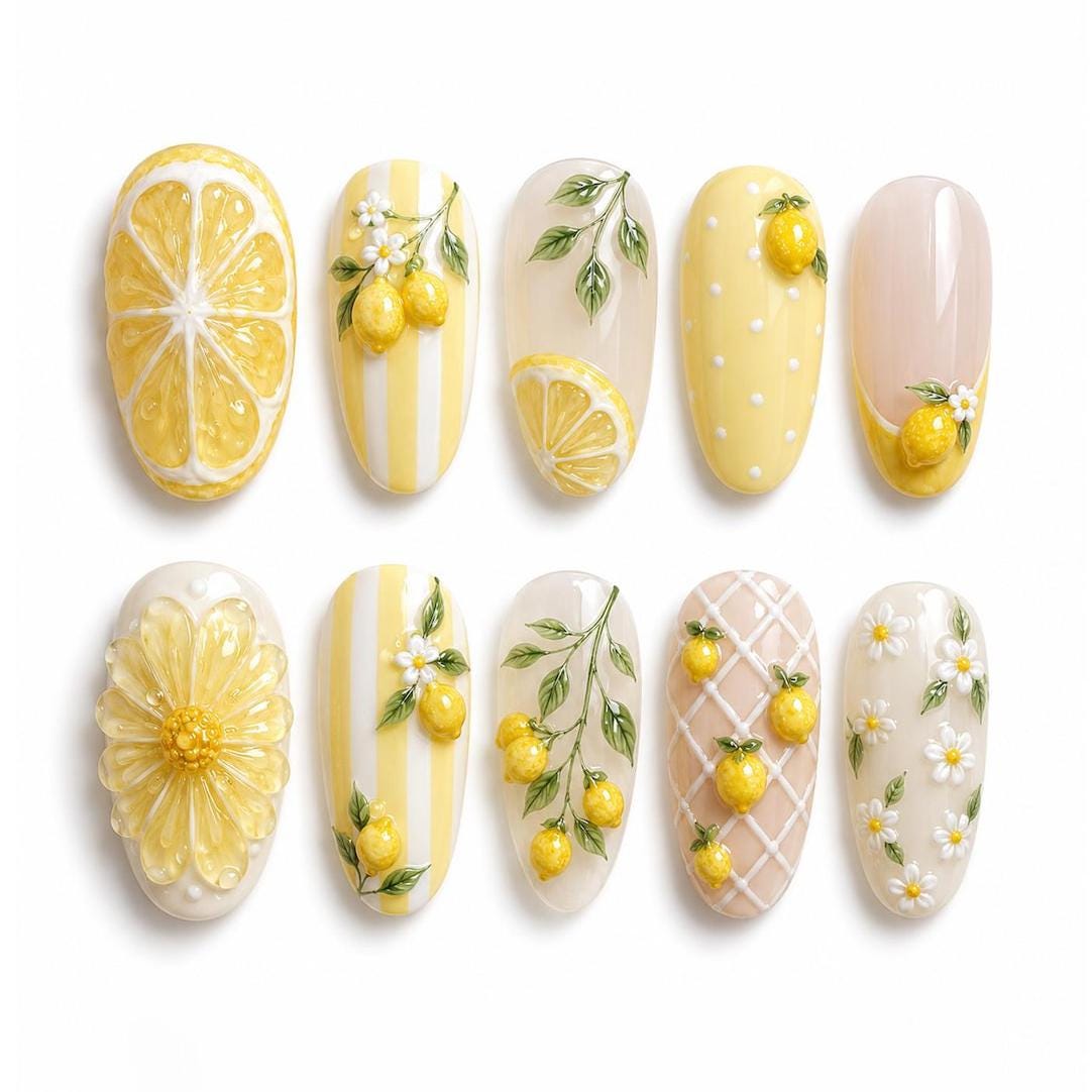 3D Lemon and Daisy Spring Summer Press On Nails with Yellow Stripes and White Details