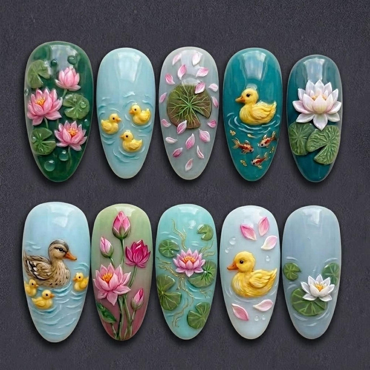 3D Lotus Pond Press On Nails With Ducks, Goldfish, and Lily Pads