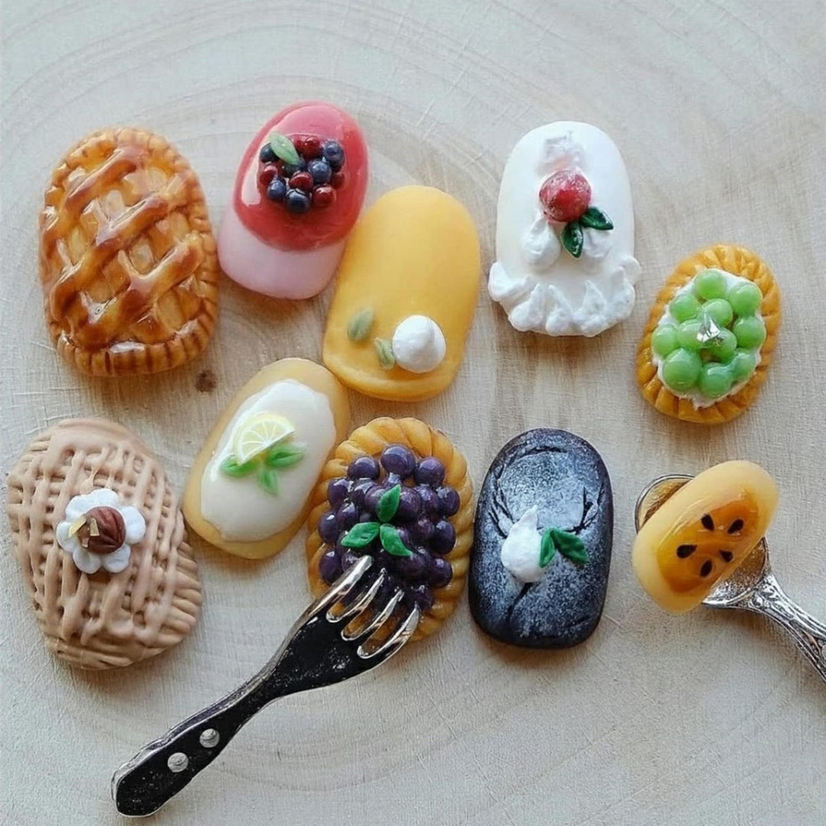 3D Miniature Pastry Press-On Nails With Berry, Citrus, and Cream Details