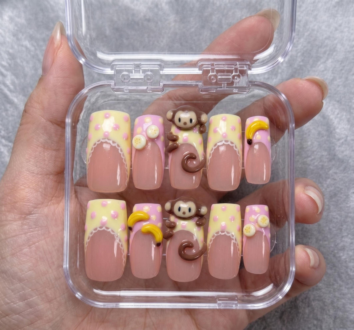3D Monkey and Banana Press On Nails with Pink Polka Dots