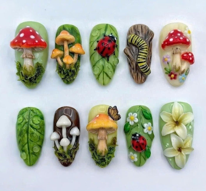 3D Mushroom, Ladybug & Woodland Garden Press On Nails