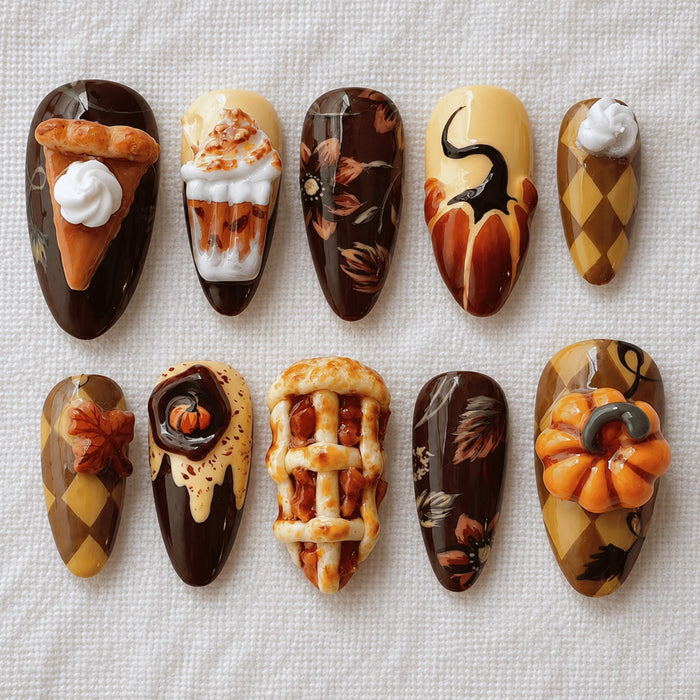 3D Pumpkin Pie and Pastry Autumn Press On Nails in Brown and Orange
