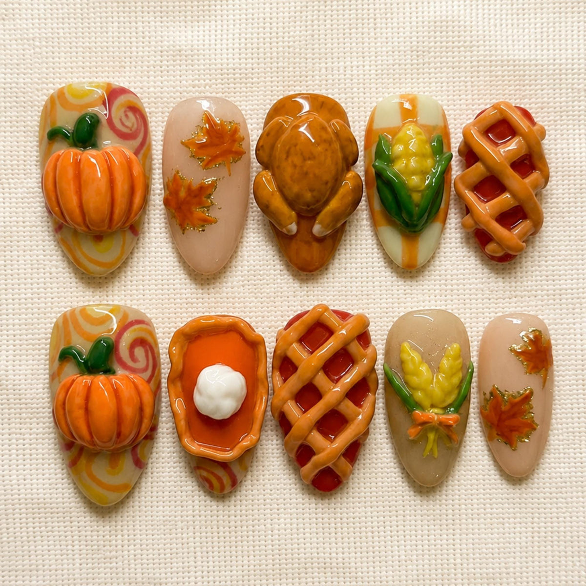 3D Pumpkin, Turkey, Corn, and Harvest Thanksgiving Nail Set