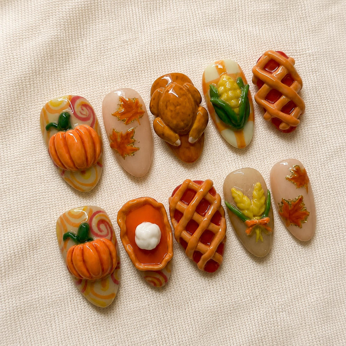 3D Pumpkin, Turkey, Corn, and Harvest Thanksgiving Nail Set