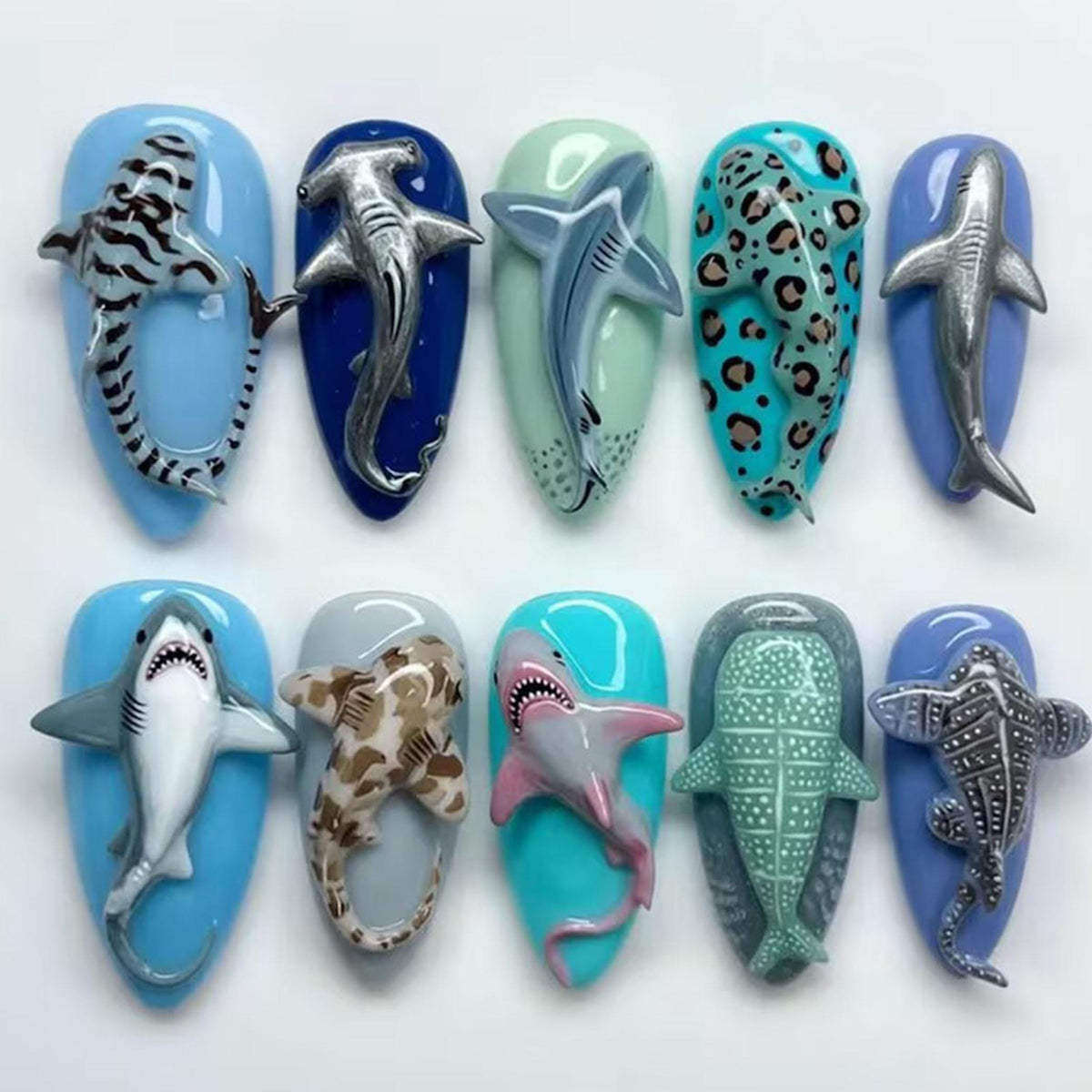 3D Shark Press-On Nails in Blue and Turquoise