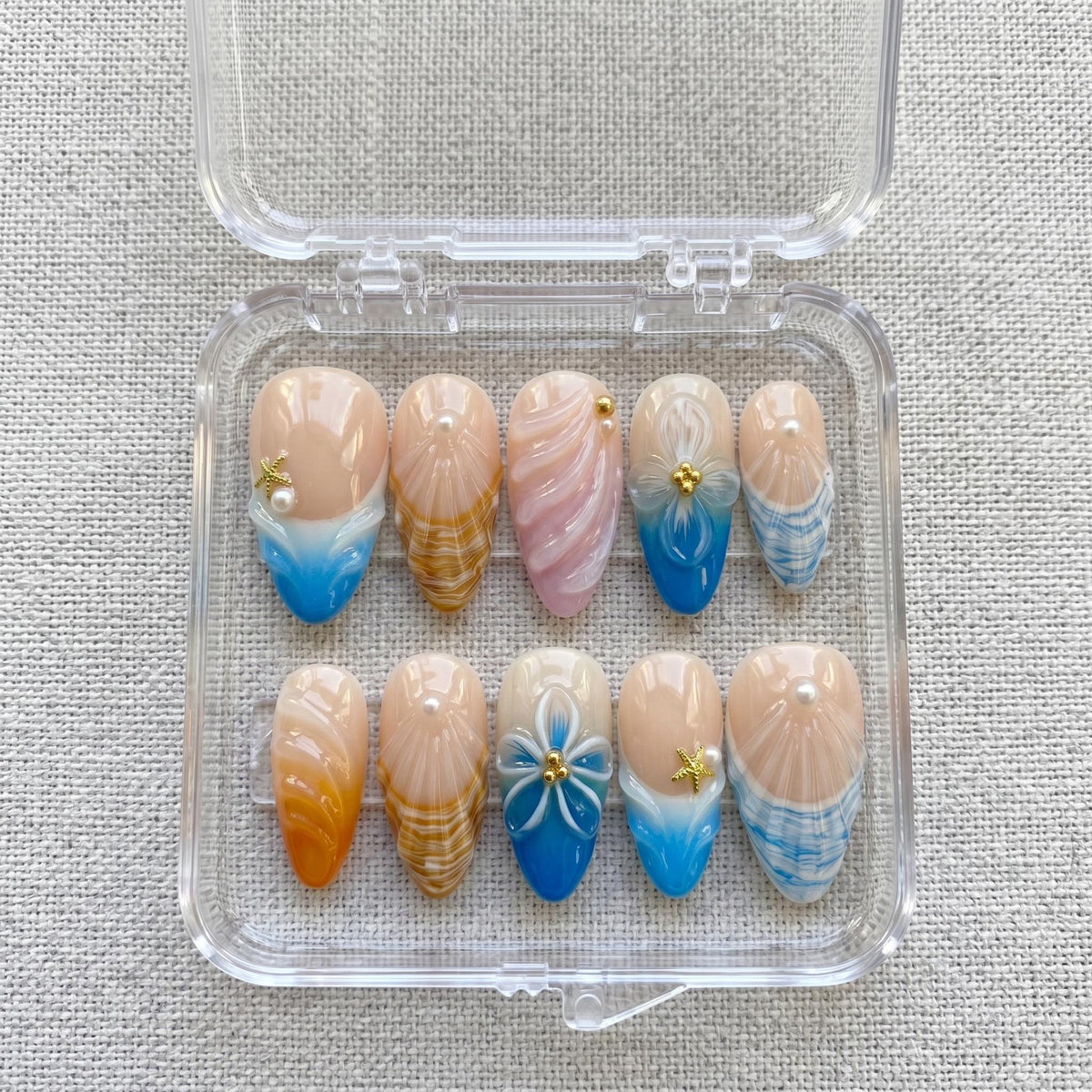 3D Shell and Sculpted Flower Ocean Press On Nails